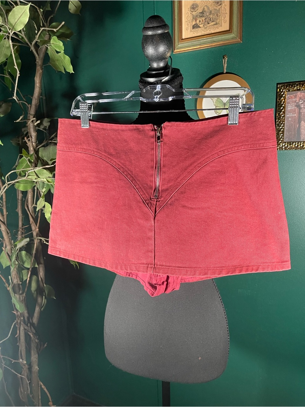 Women's High-Waist Zip Front Red Denim Skort